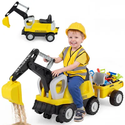 Produktbild von COSTWAY 2 in 1 Kindertraktor, Kinder Aufsitz-Bagger mit abnehmbarem Anhänger, Rechen, Schaufel & Stauraum, Rutschauto für Kinder ab 3 Jahren
