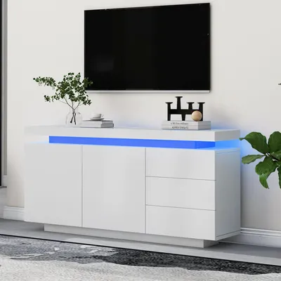 Produktbild von STILVORA Sideboard mit LED-Lichtstreifen per App,Beistellschrank Grifflos mit 3 Schubladen und Doppeltür,Aufwahrungschrank aus Spanplatten,Weiß