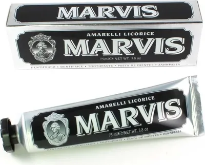 A box and tube of Marvis Amarelli Licorice toothpaste.