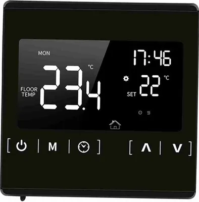 A close-up of a black digital thermostat with a bright LCD screen displaying temperature and time.