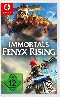 The cover art for the video game Immortals Fenyx Rising, featuring a large monster and a warrior with wings.