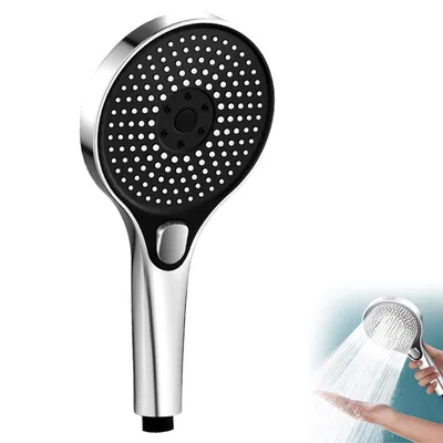 A close-up studio shot of a modern hand-held shower head against a white background.