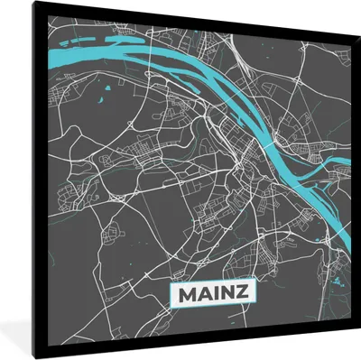 Produktbild von MuchoWow® Gerahmtes Poster Karte - Mainz - Blau - Stadtplan - Deutschland 40x40 cm - Poster mit Schwarzem Bilderrahmen Wandposter Rahmen Foto Bilder - Mit Rahmen - Wanddekoration Schlafzimmer