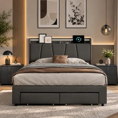 Immagine prodotto di Letto imbottito idraulico INONEFT, 140x190 cm, con LED e USB, 2 cassetti, letto per ragazzi con testiera imbottita e spazio contenitivo, tessuto: lino, colore: grigio scuro, Immagine generata dall'IA