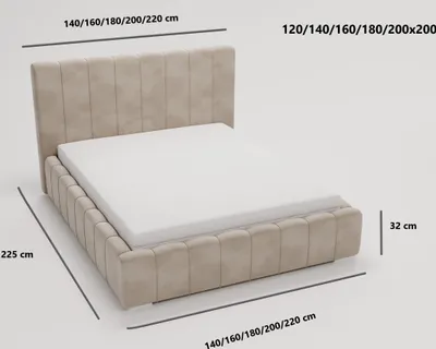 A beige upholstered bed with a white mattress is shown from a slightly elevated angle against a white background. Dimensions are indicated with text and lines.
