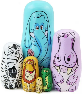 Productafbeelding van Dieren in elkaar grijpende houten poppen - Set van 6 - Cartoon olifant nijlpaard zebra leeuw krokodil aap