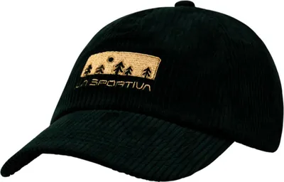 Schwarze La Sportiva Setter Cap mit gesticktem gelbem Logo und Motiv von Bäumen und Sonne