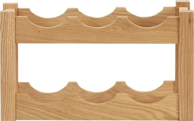 A wooden wine rack with two shelves, each holding three bottles.