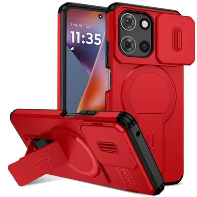 Image de Etui magnétique pour Motorola Moto G 2025, étui durable double couche avec protection coulissante de l'appareil photo et support ajustable Rouge
