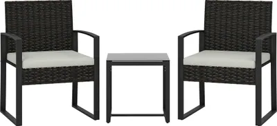 Produktbild von Rattan Bistroset, 3 teiliges Gartenmöbel-Set mit 2 Gartenstühlen, Couchtisch, abnehmbar Kissen Cremeweiß