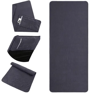 Immagine prodotto di Asciugamano sportivo in microfibra, 125x50 cm, ad asciugatura rapida, grigio, con tasca con cerniera