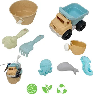 Produktbild von Woopie Sandspielzeug-Set, 8-teilig, biologisch abbaubar & kompostierbar, aus organischem Material, Pastellfarben, Green Serie. Sicher für Kinder, desinfizierbar bis 120°C. Für Sandkasten, Strand & Garten. Inhalt: Gießkanne, Eimer, 3 Förmchen, Schaufel, Harke, Kipper.