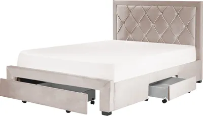 Produktbild von BELIANI Polsterbett Beige Samtstoff 3 Schubladen Lattenrost 140 x 200 cm mit Hohem Kopfteil im Chesterfield Stil Knopfheftung Glamourös Schlafzimmer