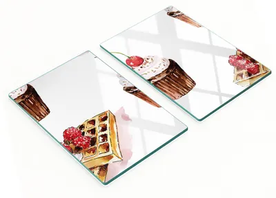 Produktbild von Nachbildungative Glas-Küchenschneidebretter mit Dessertmotiven, 2 x 40 x 52 cm