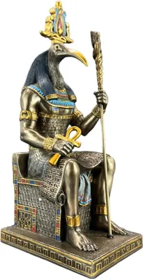 Zdjęcie produktu dla Rzeźba "Thoth - egipski bóg mądrości na tronie" - brązowa, ręcznie malowana, szczegółowa figura, 23,5 cm WU78055A4