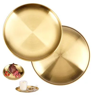 2 goldene Teller 20 cm, runde Tabletts aus Edelstahl