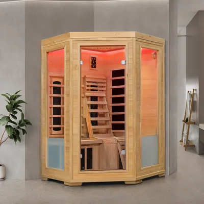 Produktbild von Artsauna Eck-Infrarotkabine Aalborg - Infrarotsauna für bis zu 2 Personen mit Dual-Technologie, LED-Farblicht & Liege - Wärmekabine 120x120 cm