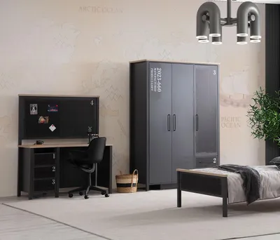 Zdjęcie produktu dla Szara sypialnia Zestaw designerski 3-drzwiowa szafa Biurko
