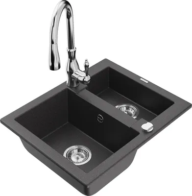 Produktbild von Mexen Carlos 1,5-Becken-Granitspüle mit Mischbatterie Savita, Schwarz gesprenkelt - 6518-76-672601-00