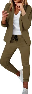 Produktbild von ASKSA Damen Lange aermel Hosenanzug Elegant Business Anzug Slim Fit Revers Set Einfarbig Streetwear Freizeitanzug, Braun, Groesse: S