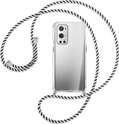Produktbild von Handykette Backcover-Schutzhülle mit Band (Metall silberfarben) für OnePlus 9 - schwarz/weiß gestreift