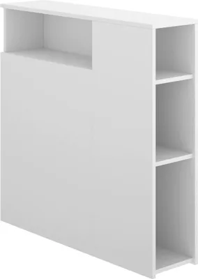 A white headboard with shelves.