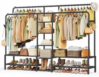 Productafbeelding van SONGMICS Kledingrek, garderobestandaard met 9 planken, metalen frame – zwart, hoogte 195 cm