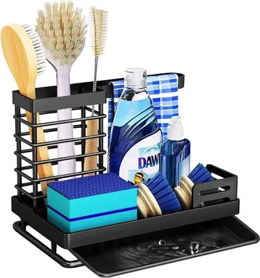 Produktbild von Küchen-Organizer, Stahl, Spülbecken-Halter, Spülbecken, Caddy-Organizer, Küche, Spülbeckenhalter mit Ablaufbecken für Küchenborstel, Spülertasche, Spülbecken-Organizer, Küche und Badezimmer, Schwarz