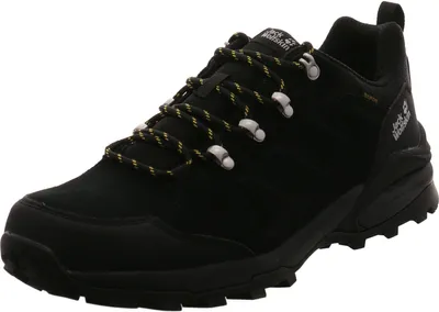 A black hiking shoe with yellow and black laces is shown against a white background.