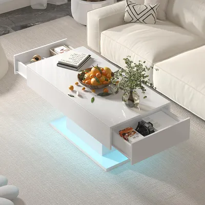Produktbild von Radelldar Wohnzimmertisch Hochglanz mit 2 Schubladen modern, USB, 110x55x50cm, Weiß