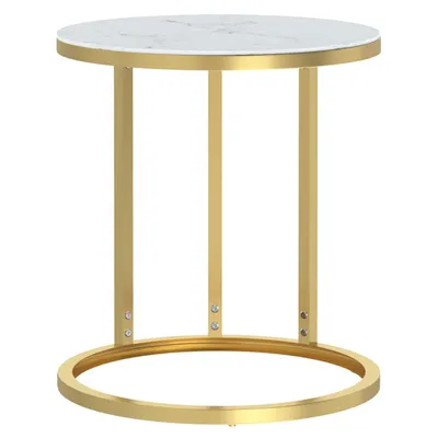 A round side table with a white marble-look top and a gold metal frame.
