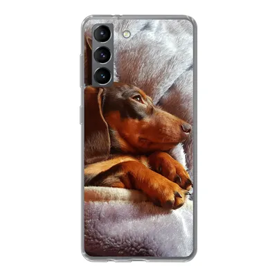 Produktbild von MuchoWow® Handyhülle Schutzhülle Hülle für Samsung Galaxy S21 Niedlicher Dackel liegt unter der Bettdecke Silikon Softcase Handy Hülle - Softcase