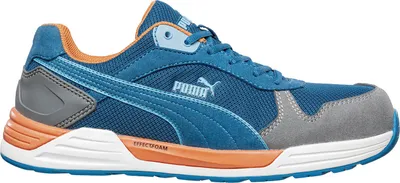 A side view of a blue Puma safety shoe with orange and gray accents, isolated on a white background.