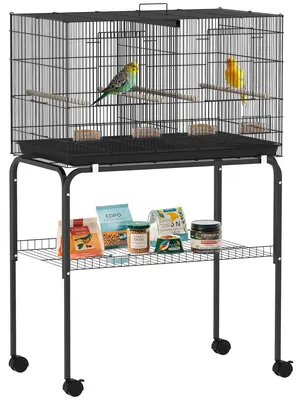 Produktbild von Vogelkäfig, Vogelvoliere mit Rollen, 2 Türen, 4 Sitzstangen, Ablagefach, Metall Vogelhaus 76x46x116cm, Schwarz