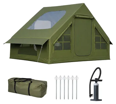 Produktbild von Relaxdays Campingzelt aufblasbar, HBT: 200x300x210 cm, Schnellaufbau, Luftzelt wasserdicht, Moskitonetz, Pumpe, grün