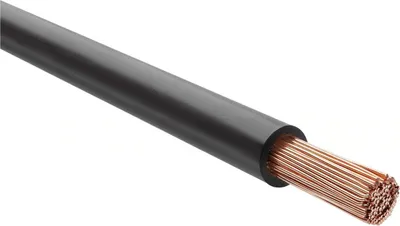 A single black electrical wire with exposed copper strands at one end, isolated on a white background.