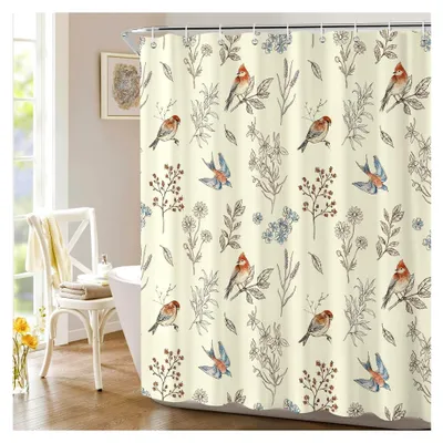 Produktbild von Duschvorhang Beige Vogel 180 x 180 cm, Botanischer Badevorhang wasserdicht und schimmelresistent aus Polyester mit 12 Haken
