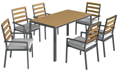 Image de Ensemble de jardin pour 6 personnes, comprenant une table et 6 chaises. Couleur : bois naturel. Dimensions : 80 x 146 x 74 cm