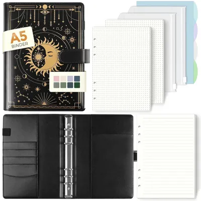 Produktbild von A5 Ringbuch Nachfüllbar mit 135 Blättern, Notizbuch mit Bindertaschen, Schwarz