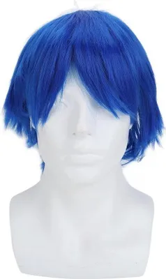 Image de Perruque courte, duveteuse, bleue, pour costume de fête cosplay d'anime, en cheveux synthétiques.