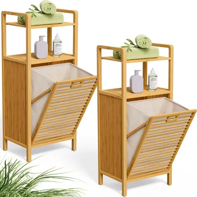 Produktbild von CASARIA® 2er Set Badregal mit Wäschekorb 80 L Wäschesammler Bambus Holz 96x40x30cm Wäschesack Herausnehmbar Badezimmerregal 2 Ablagen Wäschebox Regal