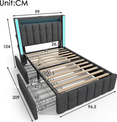 Image de okwish Lit rembourré simple 90 x 200 cm avec port USB et éclairage LED, lit fonctionnel avec 2 tiroirs de rangement (sans matelas) – Gris