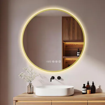 Immagine prodotto di S'AFIELINA Specchio Bagno LED Rotondo 70 cm, Cornice Dorata, 3 colori di luce, luminosità regolabile, antiappannamento, orologio e temperatura