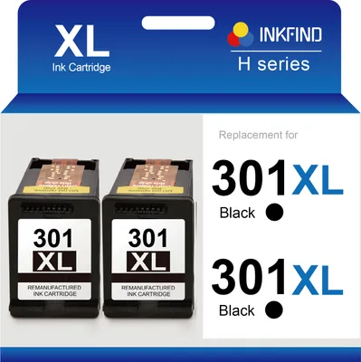 The image shows the packaging of two black ink cartridges, with the brand name and product details displayed.