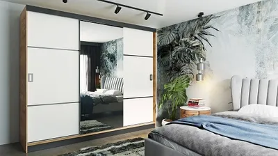 Produktbild von FurMeb24 Schiebetrenschrank RETRO 3 -200x205cm Kleiderschrank mit Spiegel, 3-triger Schiebeschrank (Eiche Craft Gold / Weiss + Spiegel und Beschl€ge)