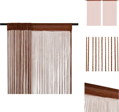A close-up view of a brown string curtain hanging from a rod, with smaller images of the curtain and its components on the right.
