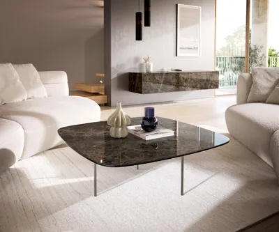 Produktbild von DELIFE Couchtisch Edge Boot 90x90 cm Keramik Emperador Extra Lucidato Dunkelbraun Trive Edelstahl gebürstet