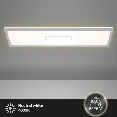 A modern, ultra-thin LED ceiling light with a white and silver finish, mounted on a light gray ceiling.