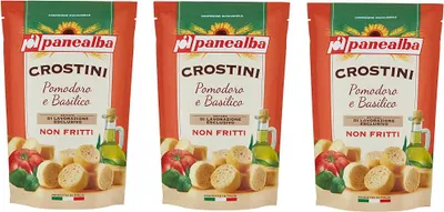 Produktbild von 3x Panealba Crostini Pomodoro e Basilico Croutons mit Tomate und Basilikum Gesalzener Snack Nicht Gebraten Nicht Frittiertes 100g