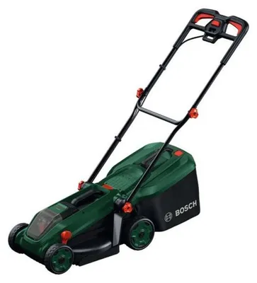 Produktbild von Bosch Rotak 18V-34 Rasenmäher, ohne Akku und ohne Ladegerät, in einer Kartonverpackung